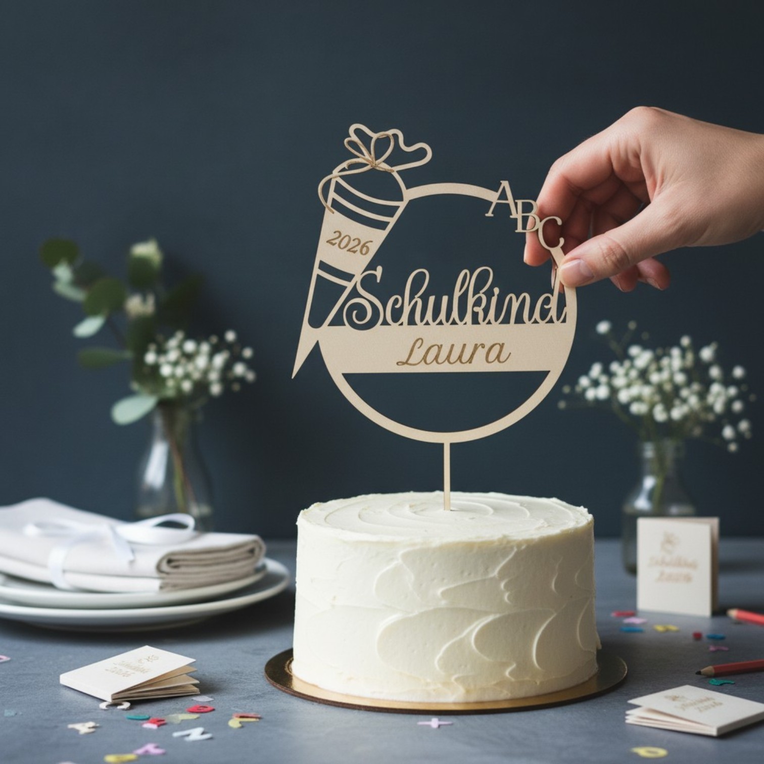 Caketopper Einschulung – Schulkind 2026 mit Name – Holz Topper personalisiert
